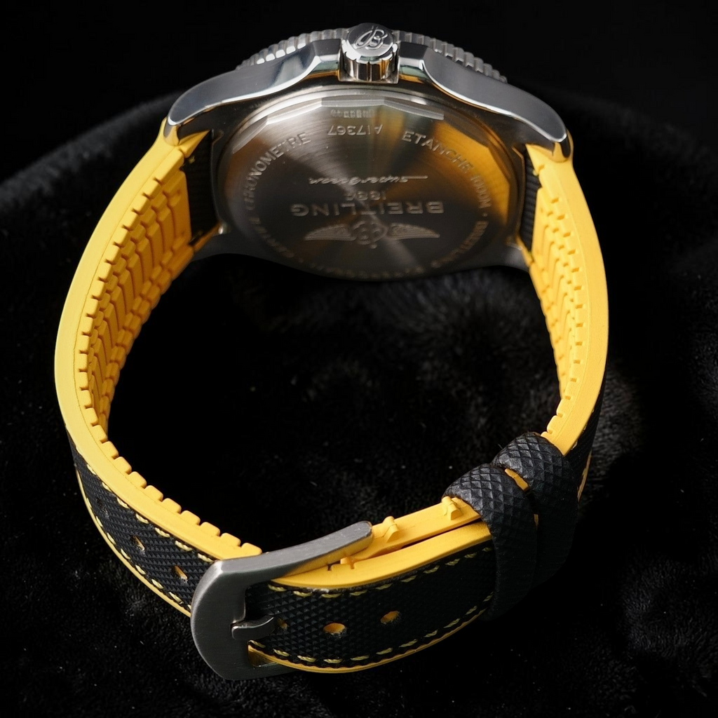 Wrist Flex Timepieces Breitling Superocean A17367 watch case back and yellow and black aftermarket rubber strap