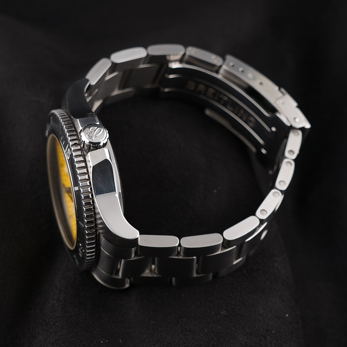 Wrist Flex Timepieces Breitling Superocean 44mm watch with stainless steel bracelet and yellow dial side profile