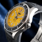 Wrist Flex Timepieces Breitling Superocean 44mm watch with a vibrant yellow dial and black rubber strap