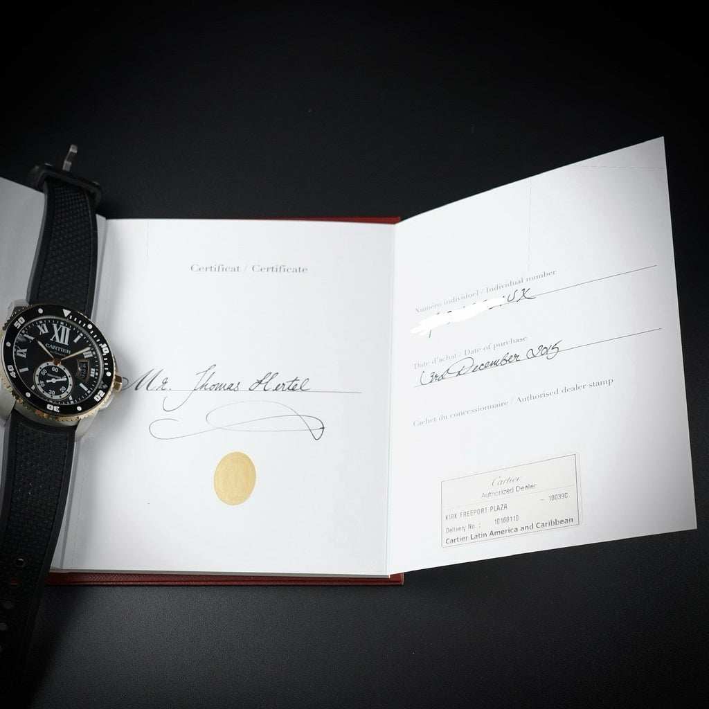 Wrist Flex Timepieces Cartier Calibre de Cartier Diver watch with its original stamped certificate and documentation