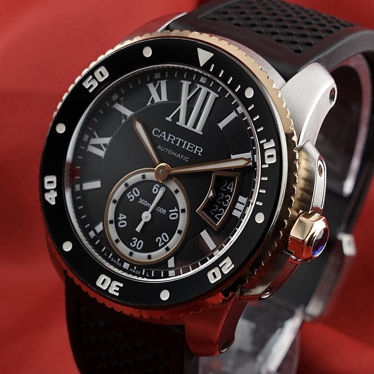 Wrist Flex Timepieces Cartier Calibre de Cartier Diver watch with 18k rose gold bezel and black rubber strap