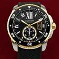 Wrist Flex Timepieces Cartier Calibre de Cartier Diver watch with 18k rose gold bezel, black dial, and rubber strap.