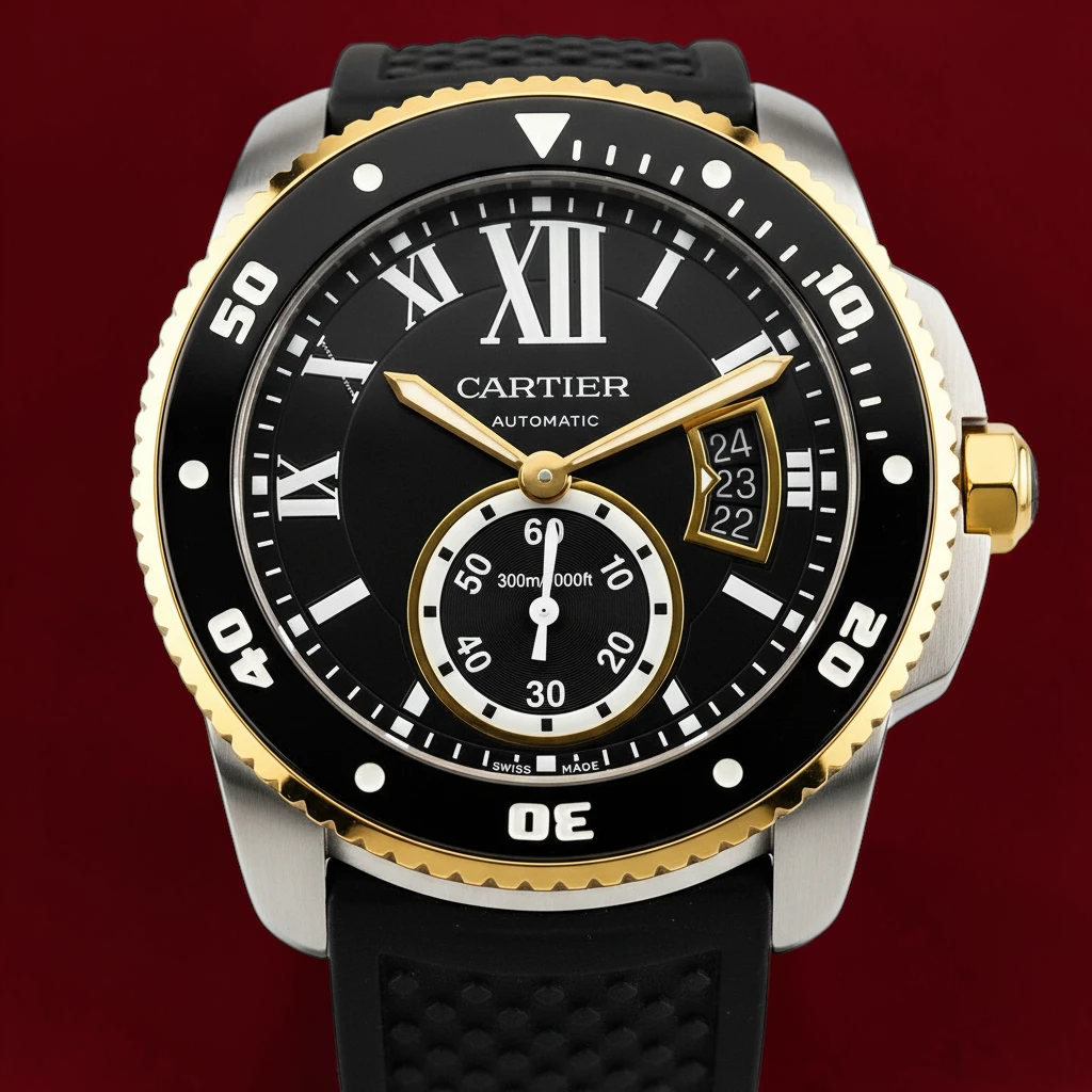 Wrist Flex Timepieces Cartier Calibre de Cartier Diver watch with 18k rose gold bezel, black dial, and rubber strap.