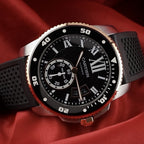 Wrist Flex Timepieces Cartier Calibre de Cartier Diver watch with 18k rose gold bezel and black rubber strap