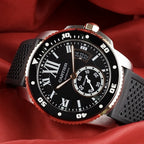 Wrist Flex Timepieces Cartier Calibre de Cartier Diver watch with 18k rose gold bezel, black dial, and rubber strap
