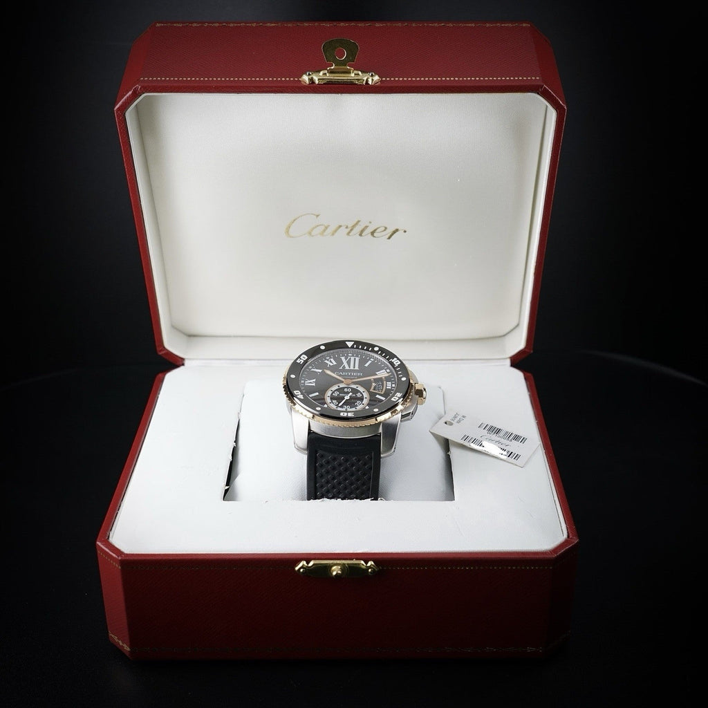 Wrist Flex Timepieces Cartier Calibre de Cartier Diver watch with 18k rose gold bezel in a red presentation box