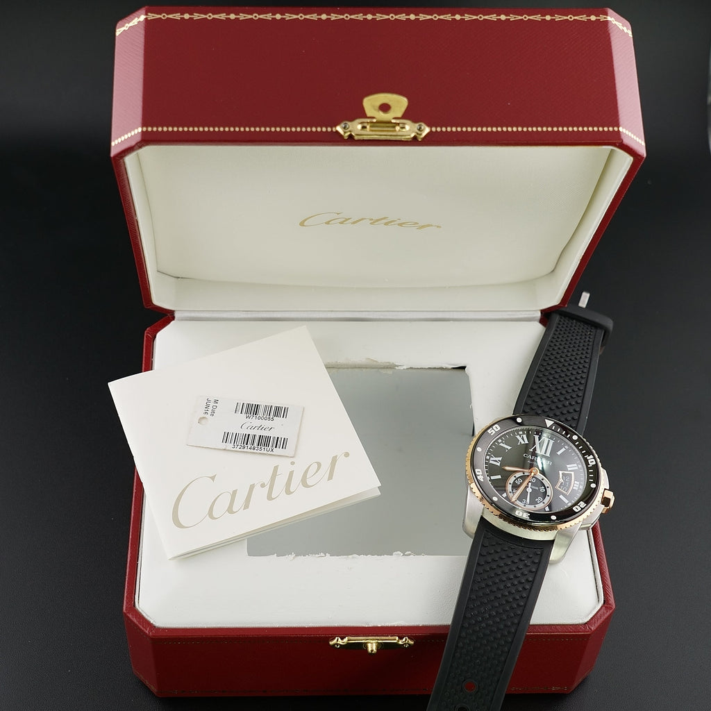 Wrist Flex Timepieces Cartier Calibre de Cartier Diver watch with 18k rose gold bezel and black rubber strap in box