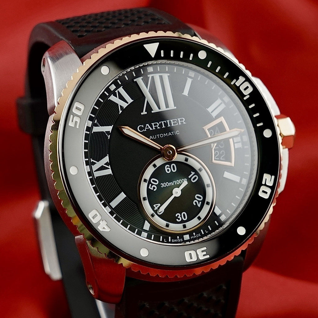Wrist Flex Timepieces Cartier Calibre de Cartier Diver watch with 18k rose gold bezel and black rubber strap