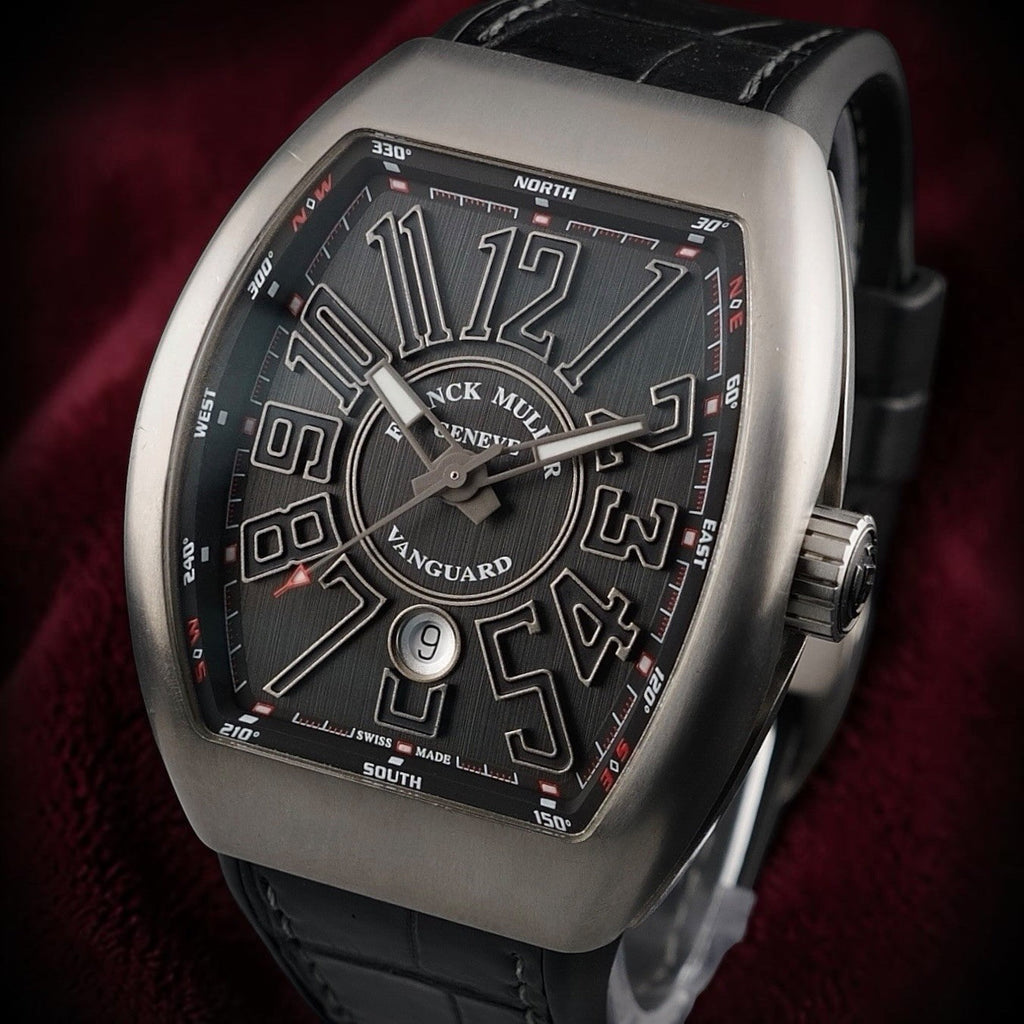 Wrist Flex Timepieces Franck Muller Vanguard V45 watch in brushed titanium with a black dial and alligator strap.