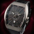 Wrist Flex Timepieces Franck Muller Vanguard V45 watch in brushed titanium with a black dial and alligator strap.