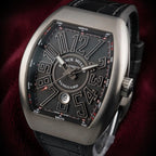Wrist Flex Timepieces Franck Muller Vanguard V45 watch in brushed titanium with a black dial and alligator strap.