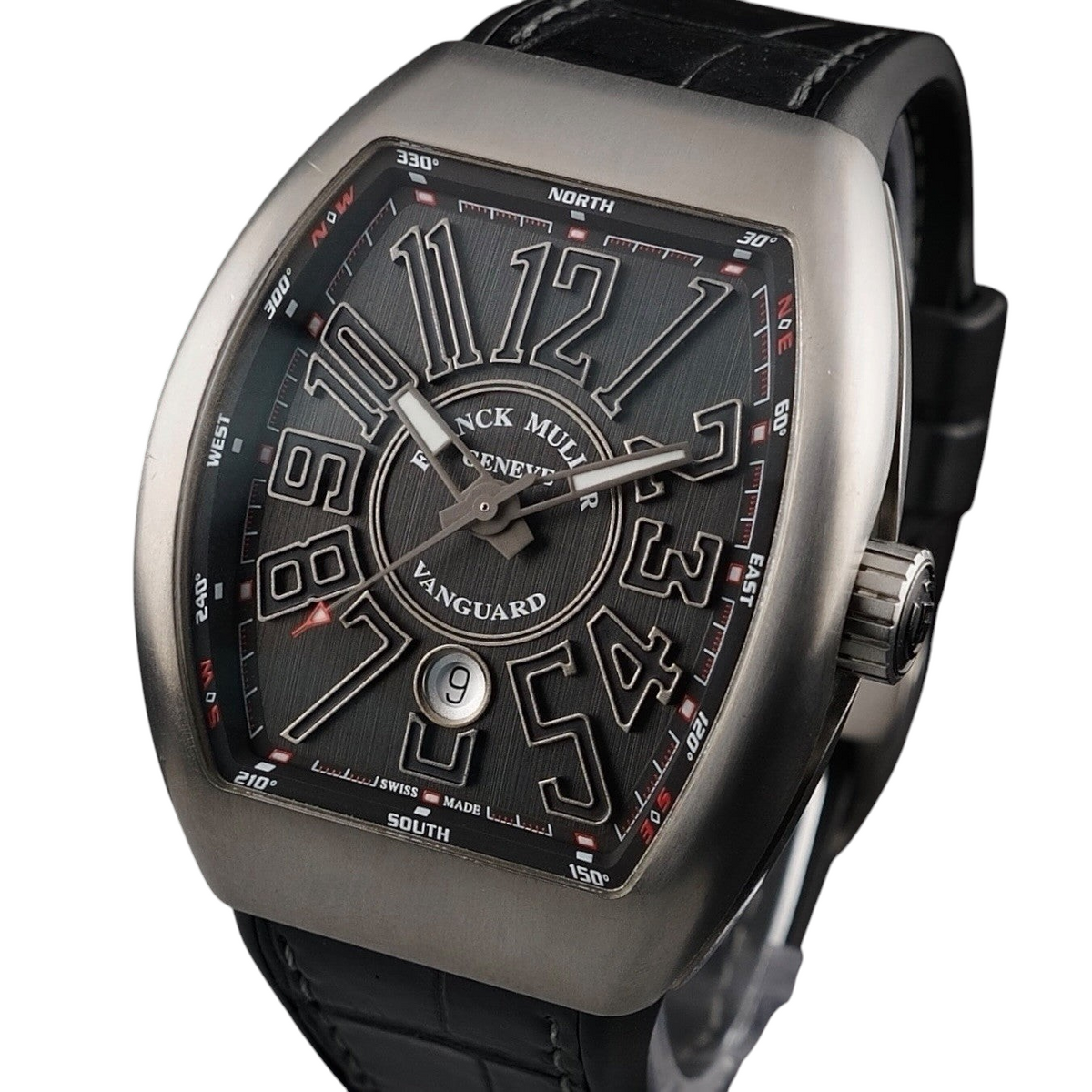 Wrist Flex Timepieces Franck Muller Vanguard V45 watch in brushed titanium with a black dial and alligator strap.