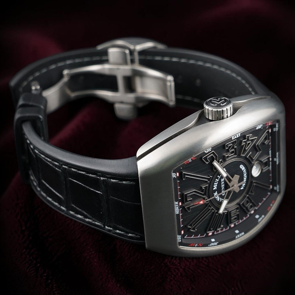 Wrist Flex Timepieces Franck Muller Vanguard V45 watch with brushed titanium tonneau case and black alligator strap