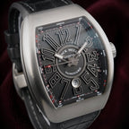 Wrist Flex Timepieces Franck Muller Vanguard V45 watch with brushed titanium tonneau case and black textured dial