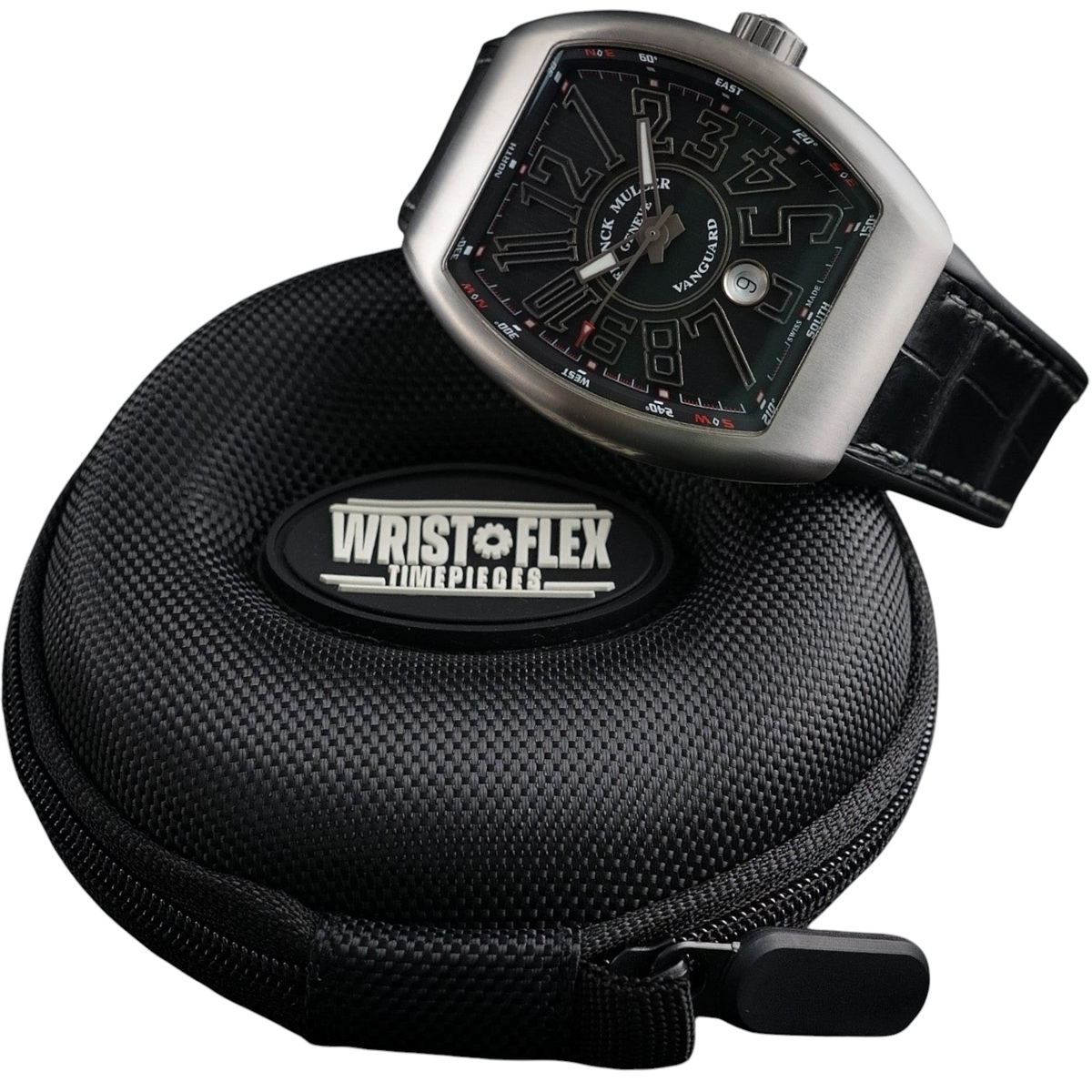 Wrist Flex Timepieces Franck Muller Vanguard V45 watch with brushed titanium tonneau case and black dial on travel case