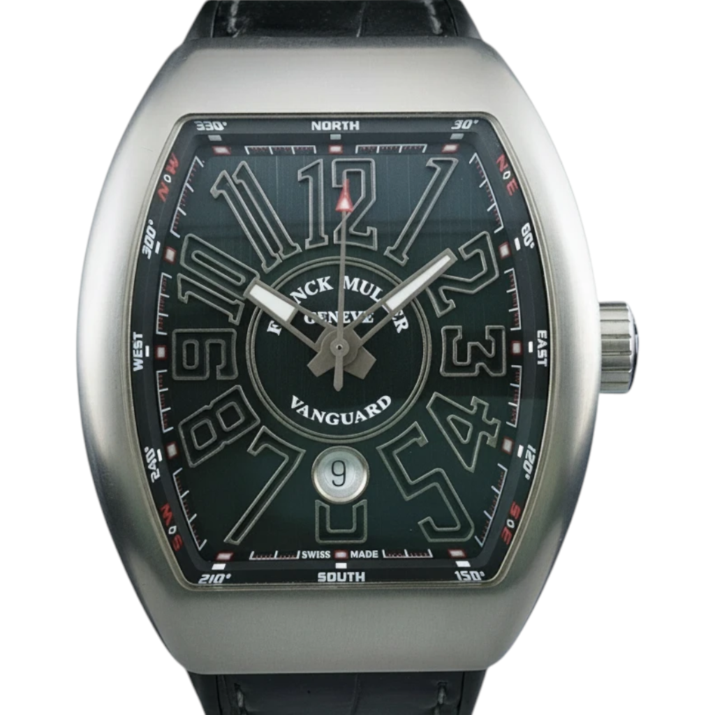 Wrist Flex Timepieces Franck Muller Vanguard V45 watch with brushed titanium tonneau case and black dial.