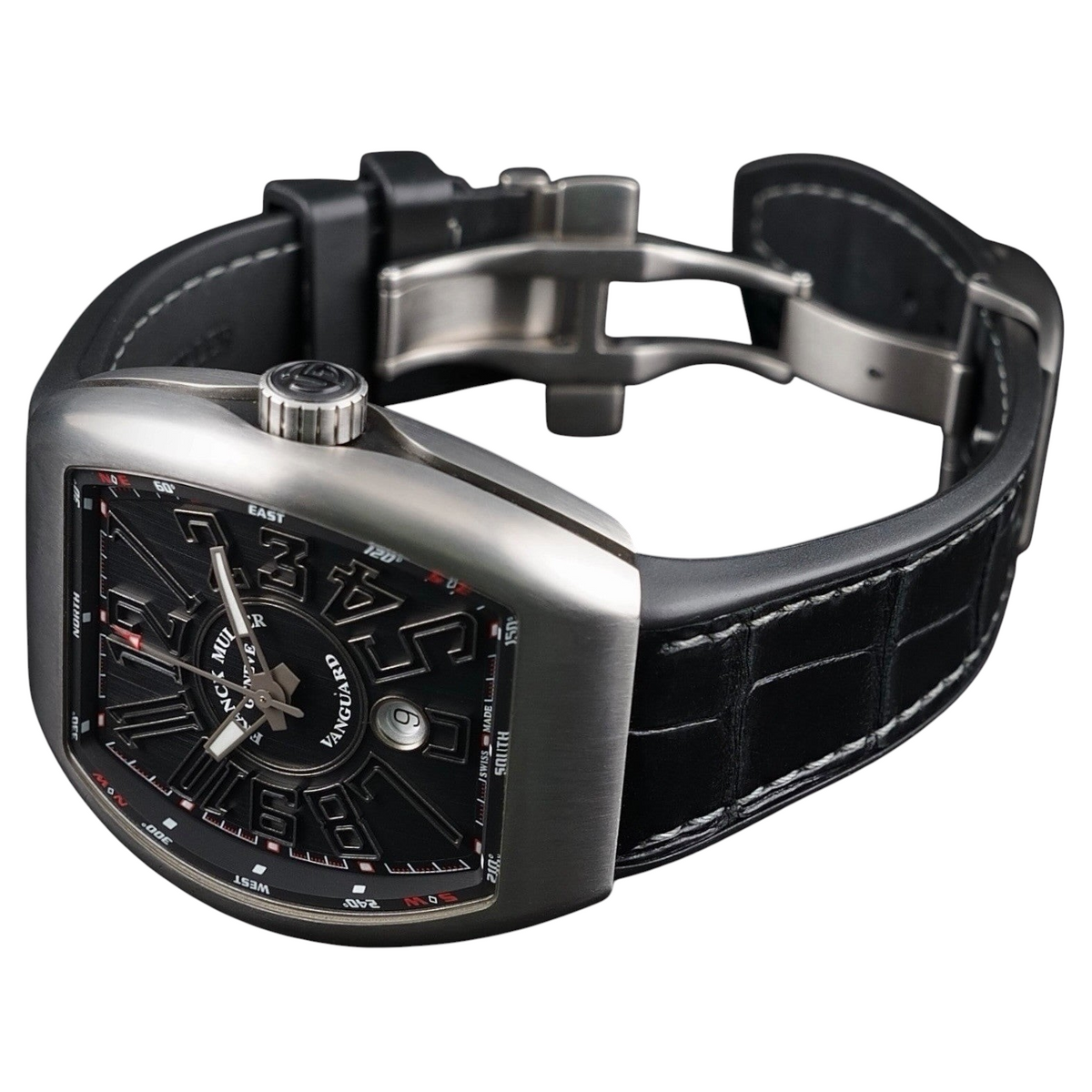 Wrist Flex Timepieces Franck Muller Vanguard V45 watch with brushed titanium tonneau case and black alligator strap