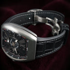 Wrist Flex Timepieces Franck Muller Vanguard V45 watch with brushed titanium tonneau case and black alligator strap.