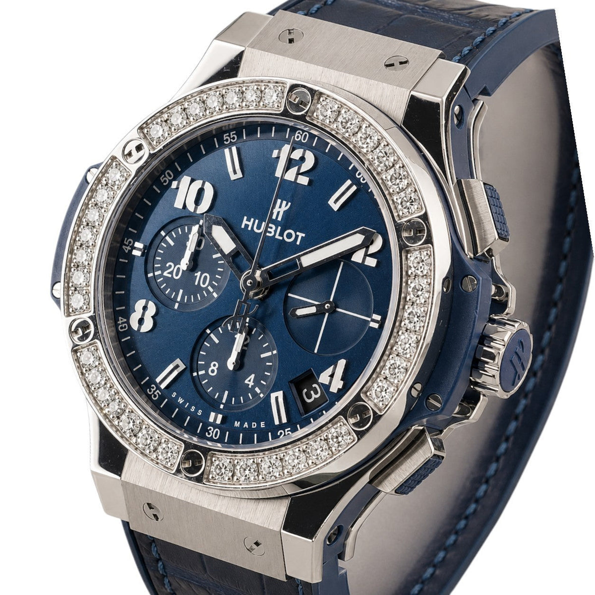 Wrist Flex Timepieces Hublot Big Bang 41mm watch with blue sunray dial and factory-set diamond bezel on blue strap.