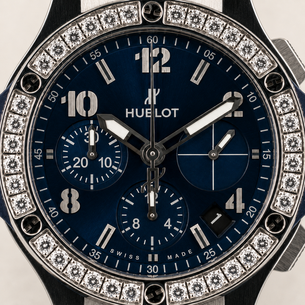 Wrist Flex Timepieces Hublot 341.SX.7170.LR.1204 Big Bang 41mm watch with blue sunray dial and factory-set diamond bezel