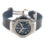 Wrist Flex Timepieces Hublot Big Bang 41mm watch with blue sunray dial, diamond bezel, and blue alligator strap.