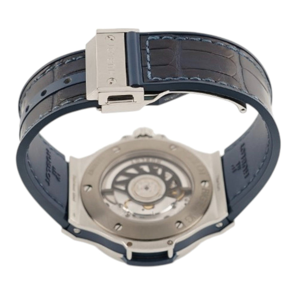 Wrist Flex Timepieces Hublot Big Bang watch showing the exhibition caseback and blue alligator leather strap