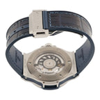 Wrist Flex Timepieces Hublot Big Bang watch showing the exhibition caseback and blue alligator leather strap