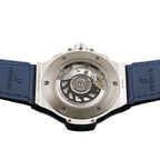 Wrist Flex Timepieces Hublot Big Bang exhibition caseback showing the automatic movement and blue rubber strap