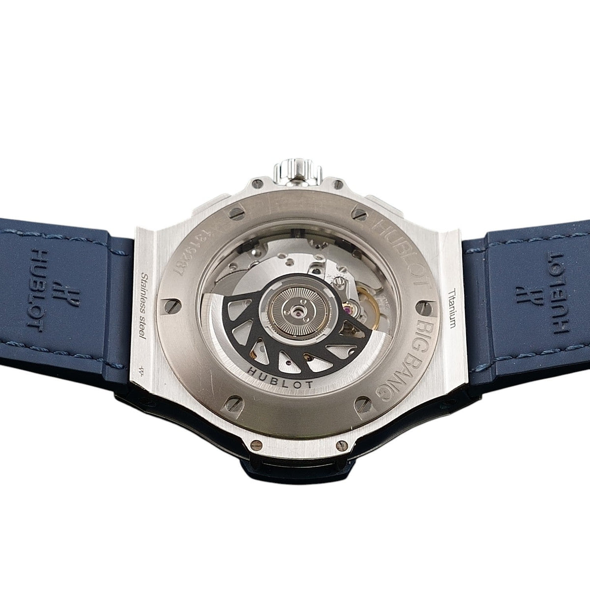 Wrist Flex Timepieces Hublot Big Bang exhibition caseback showing the automatic movement and blue rubber strap