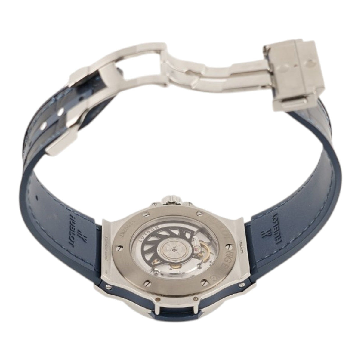 Wrist Flex Timepieces Hublot Big Bang 41mm watch showing the exhibition sapphire caseback and blue rubber strap