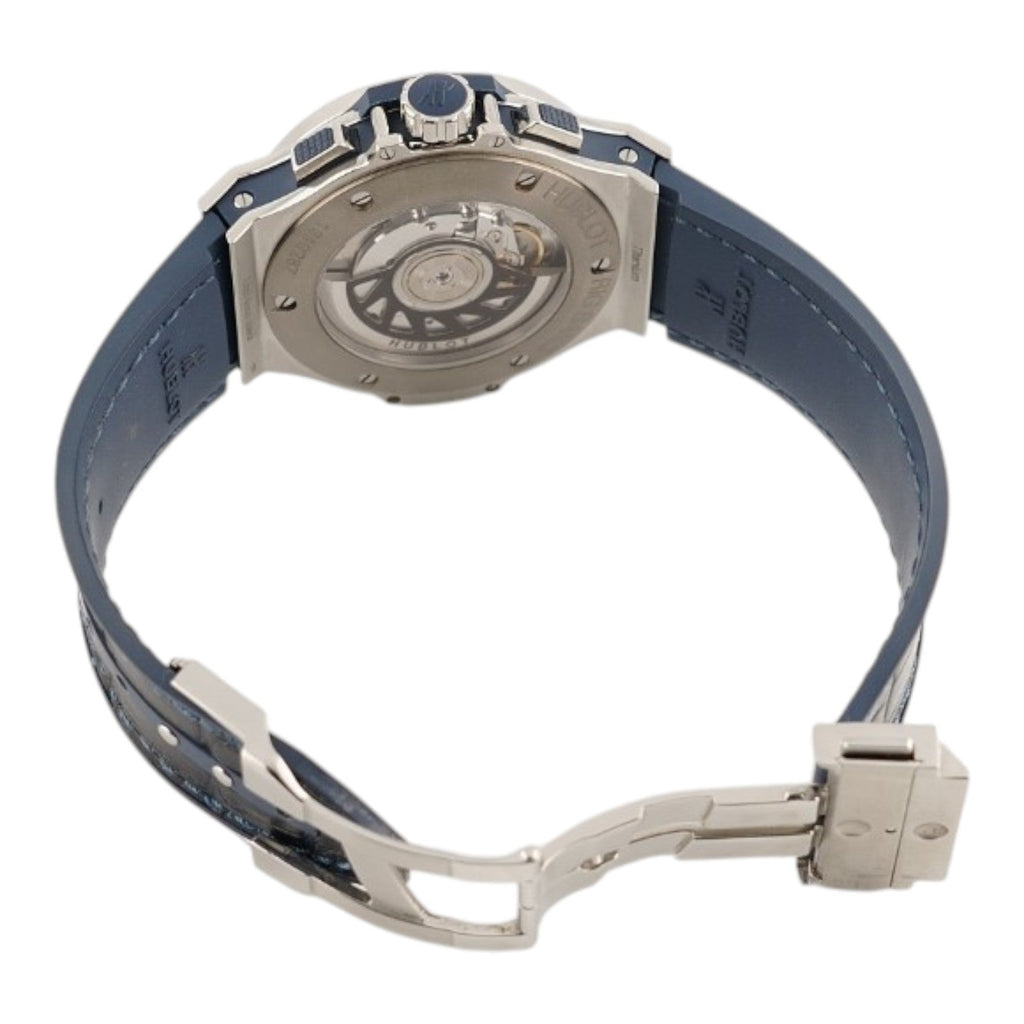 Wrist Flex Timepieces Hublot Big Bang 41mm watch showing the exhibition caseback, stainless steel case, and blue strap