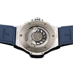 Wrist Flex Timepieces Hublot Big Bang 41mm watch exhibition caseback showing automatic movement and blue rubber strap