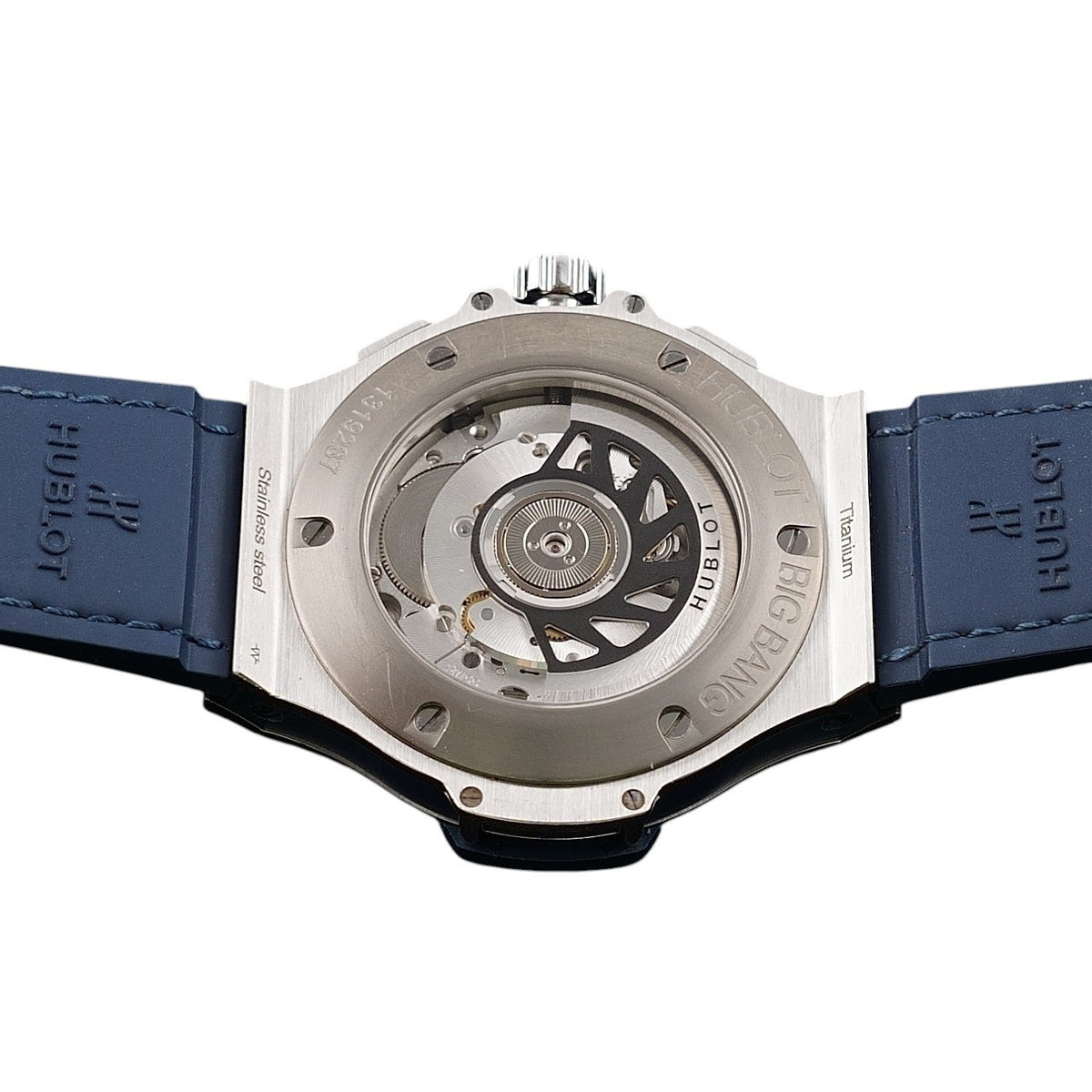 Wrist Flex Timepieces Hublot Big Bang 41mm watch exhibition caseback showing automatic movement and blue rubber strap