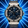 Wrist Flex Timepieces Hublot Big Bang 41mm watch with blue sunray dial and factory-set diamond bezel on steel case 341.SX.7170.LR.1204