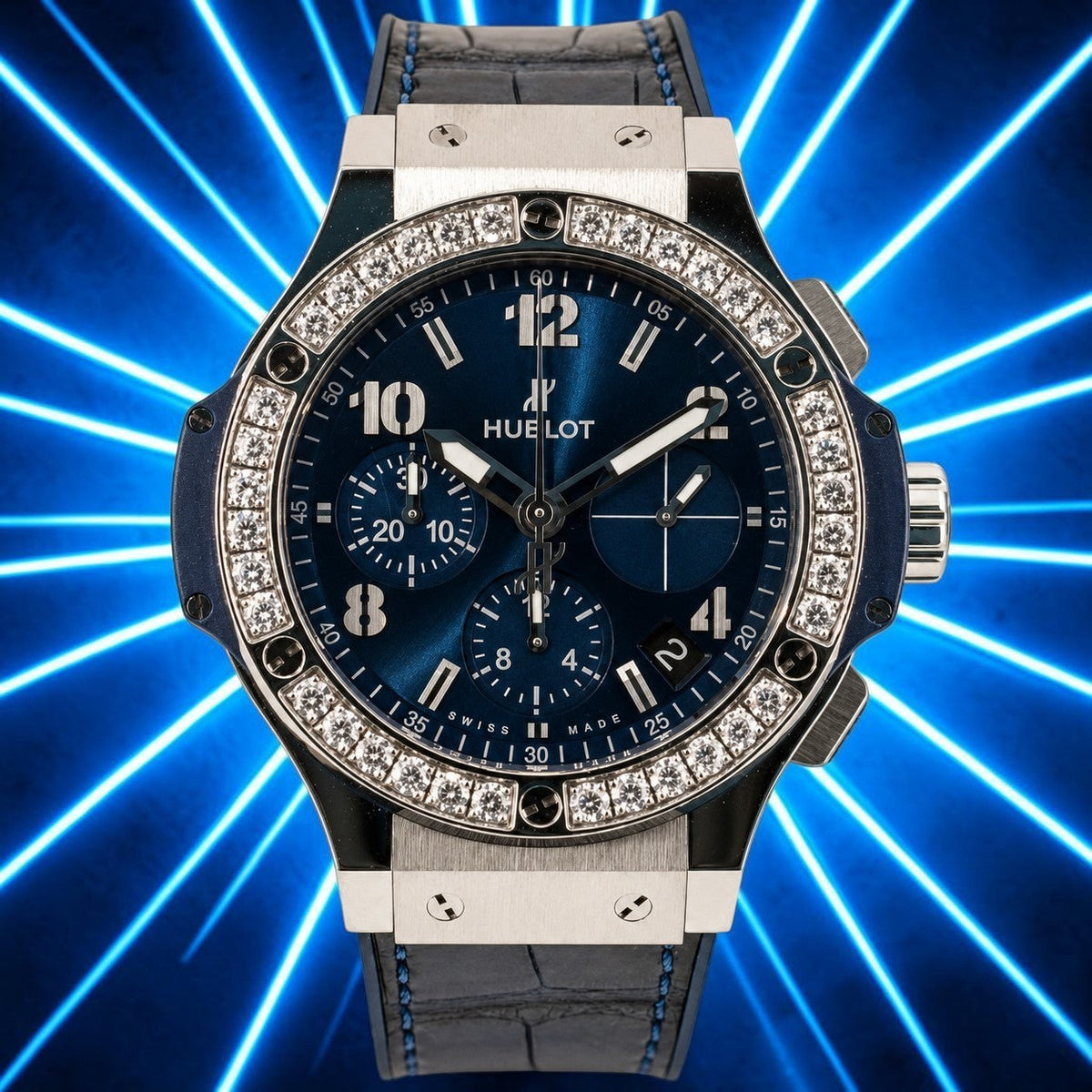 Wrist Flex Timepieces Hublot Big Bang 41mm watch with blue sunray dial and factory-set diamond bezel on steel case 341.SX.7170.LR.1204