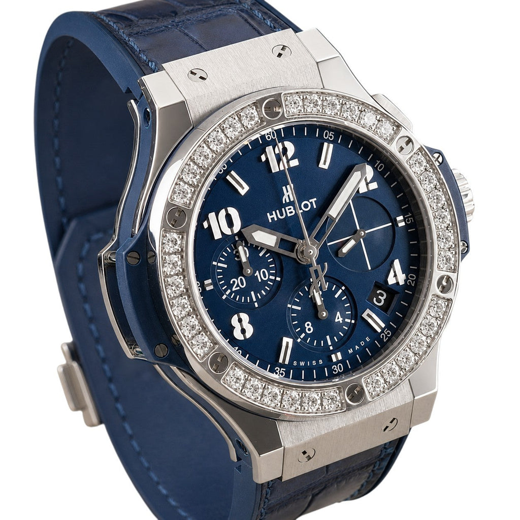 Wrist Flex Timepieces Hublot Big Bang 41mm watch with blue sunray dial and factory-set diamond bezel on blue strap