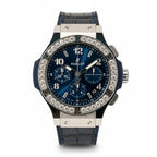 Wrist Flex Timepieces Hublot Big Bang 41mm watch with blue sunray dial and factory-set diamond bezel on leather strap 341.SX.7170.LR.1204