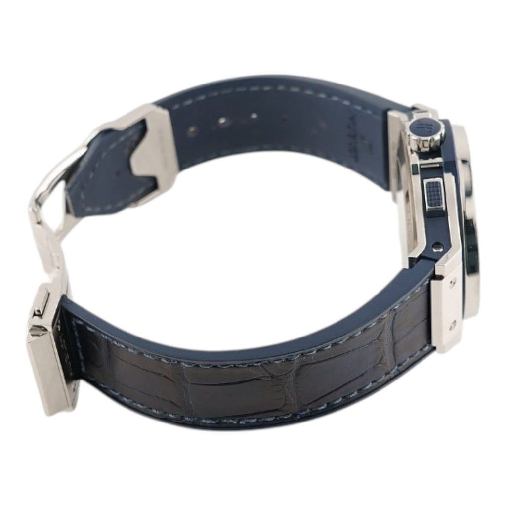 Wrist Flex Timepieces Hublot Big Bang 41mm watch featuring a blue alligator leather strap with deployant clasp