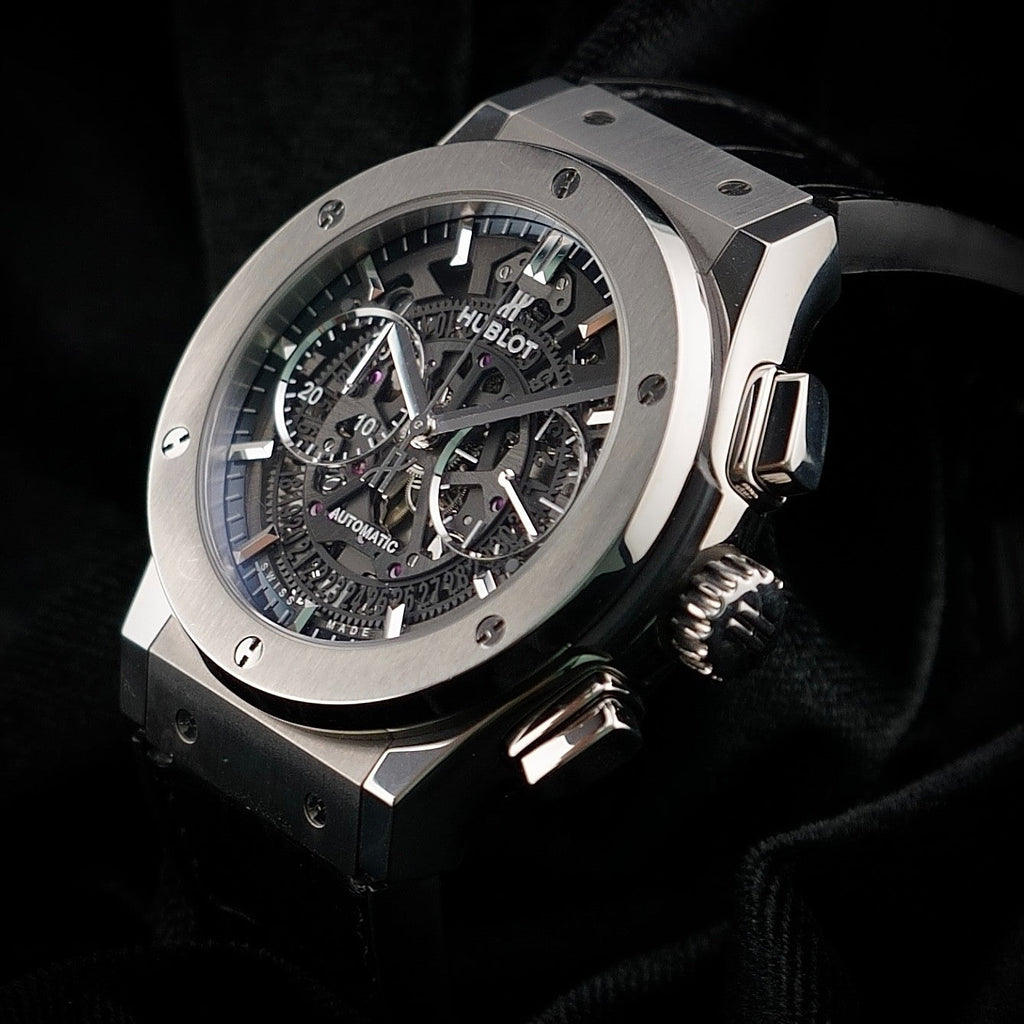 Wrist Flex Timepieces Hublot Classic Fusion Aerofusion chronograph with a 45mm titanium case and skeleton dial.