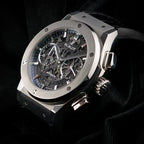 Wrist Flex Timepieces Hublot Classic Fusion Aerofusion chronograph with a 45mm titanium case and skeleton dial.