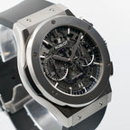 Wrist Flex Timepieces Hublot Classic Fusion Aerofusion chronograph with a titanium case and skeleton dial.