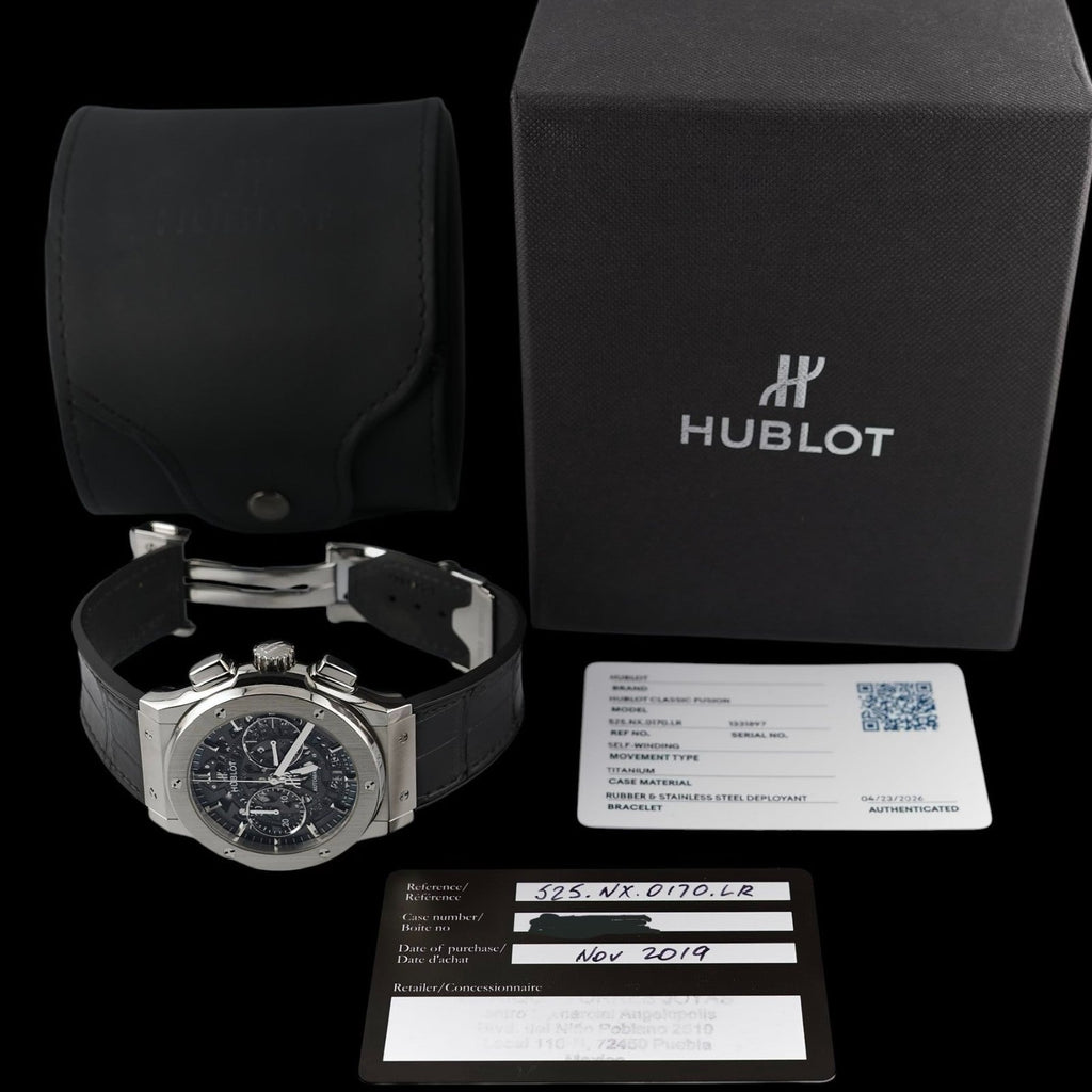 Wrist Flex Timepieces Hublot Classic Fusion Aerofusion titanium chronograph watch with box, papers, and extra strap