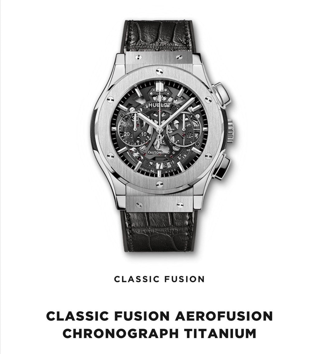 Wrist Flex Timepieces Hublot Classic Fusion Aerofusion titanium chronograph watch with skeleton dial and alligator strap