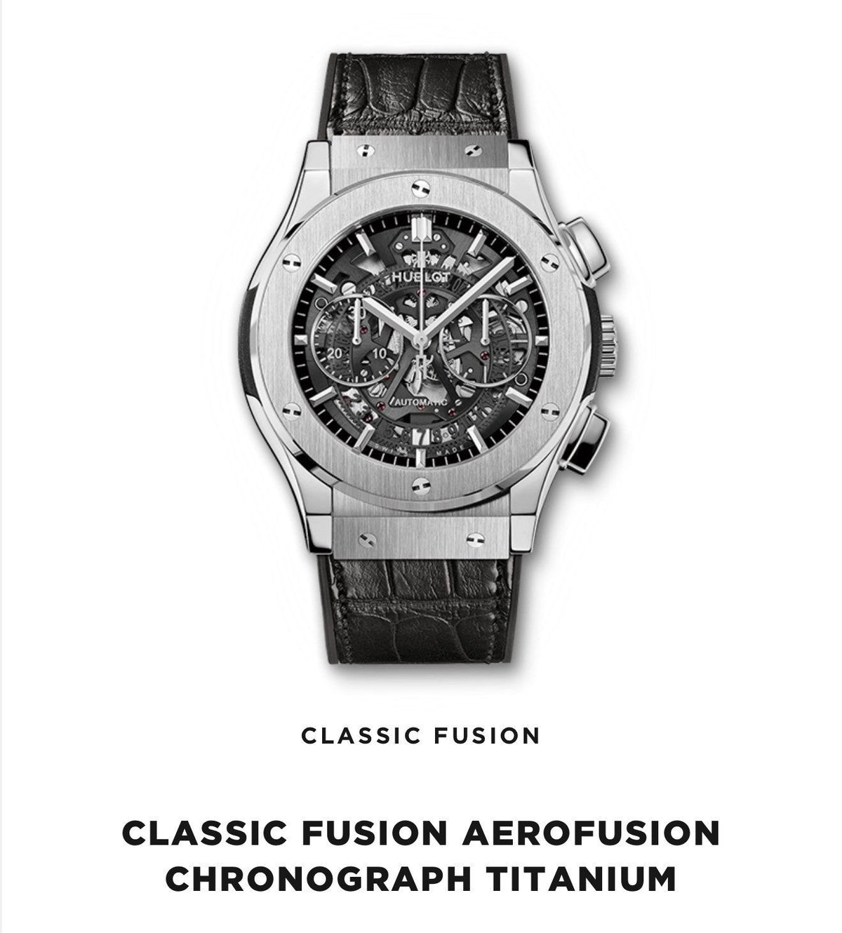 Wrist Flex Timepieces Hublot Classic Fusion Aerofusion titanium chronograph watch with skeleton dial and alligator strap