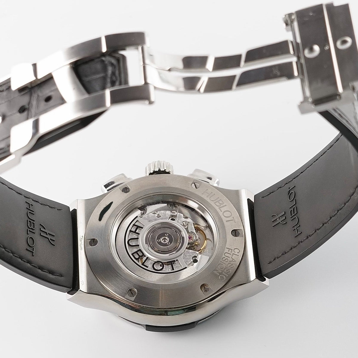 Wrist Flex Timepieces Hublot Classic Fusion Aerofusion titanium watch case back showing movement and deployant clasp