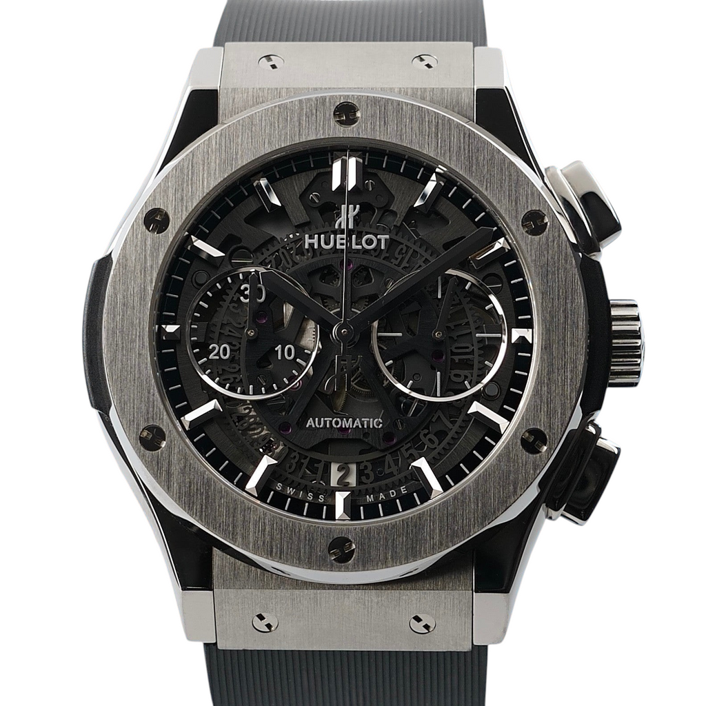 Wrist Flex Timepieces Hublot Classic Fusion Aerofusion 45mm titanium skeleton chronograph watch with black strap
