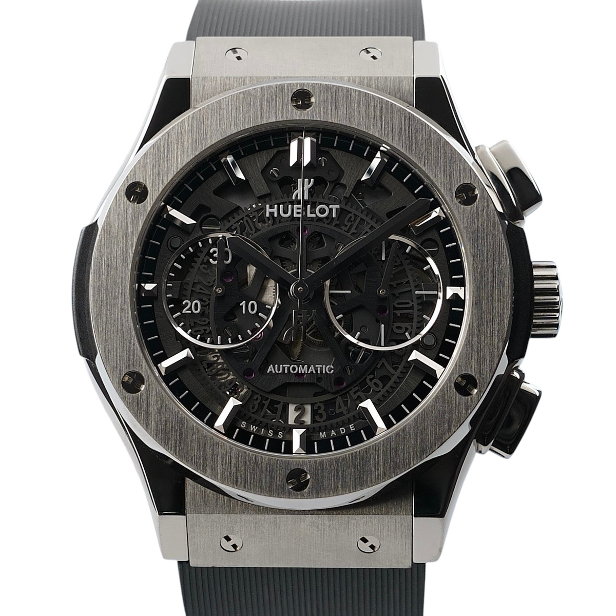 Wrist Flex Timepieces Hublot Classic Fusion Aerofusion 45mm titanium skeleton chronograph watch with black strap