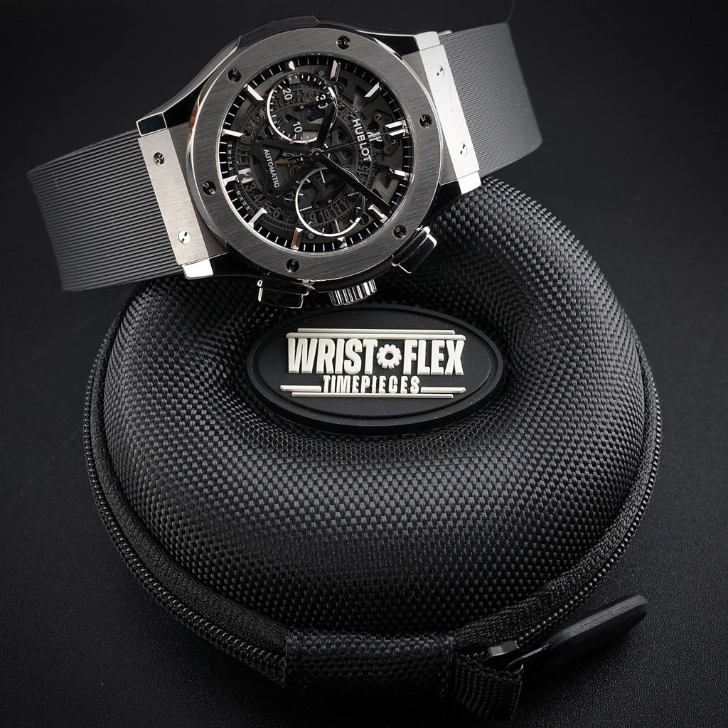 Wrist Flex Timepieces Hublot Classic Fusion Aerofusion titanium skeleton chronograph watch with rubber strap
