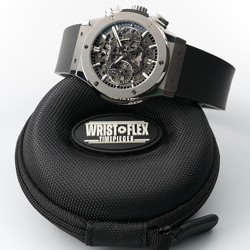 Wrist Flex Timepieces Hublot Classic Fusion Aerofusion titanium skeleton chronograph watch with black rubber strap