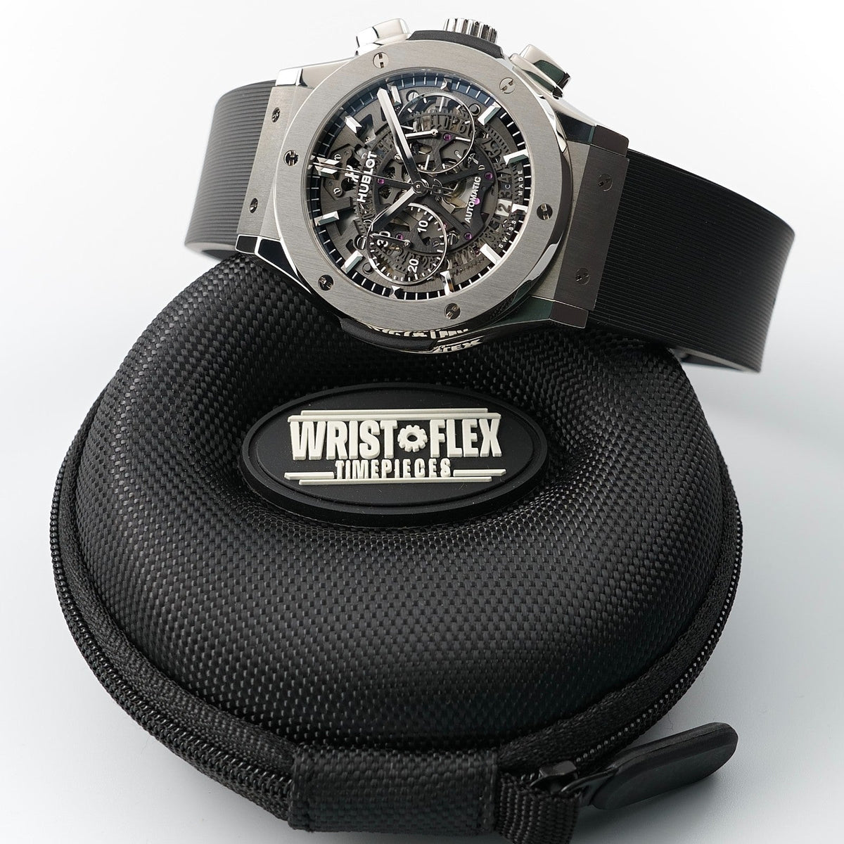 Wrist Flex Timepieces Hublot Classic Fusion Aerofusion titanium skeleton chronograph watch with black rubber strap